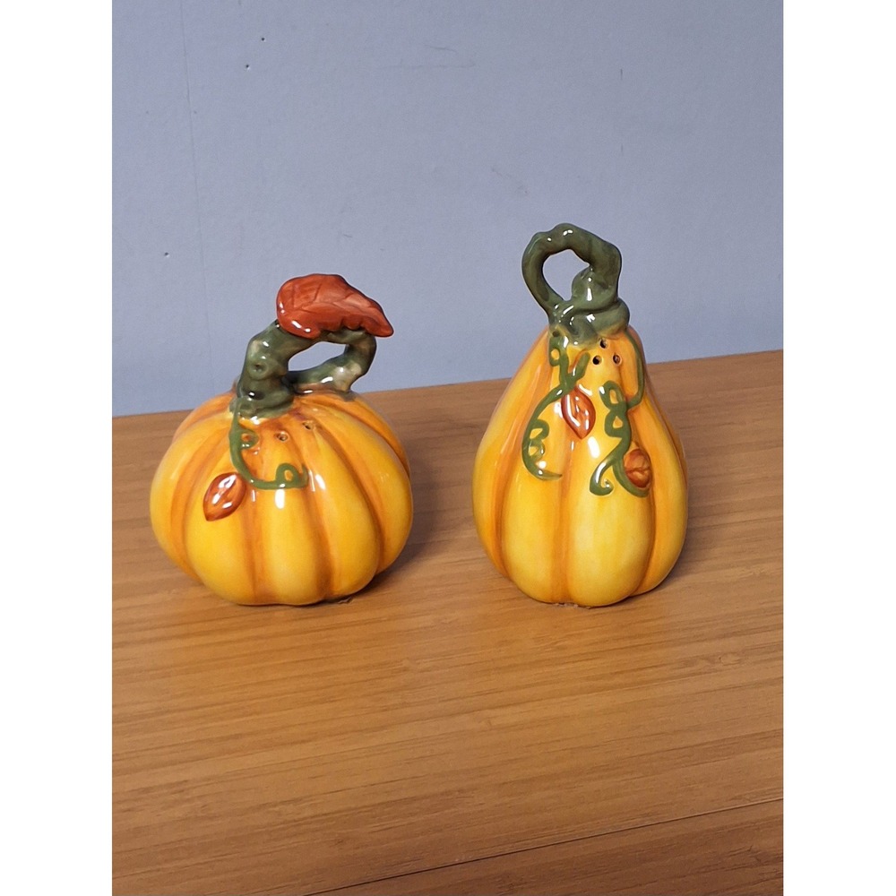 Blue Sky Heather Goldminc Pumpkin Gourd Salt Pepper Shaker Set Ceramic 2014 Fall